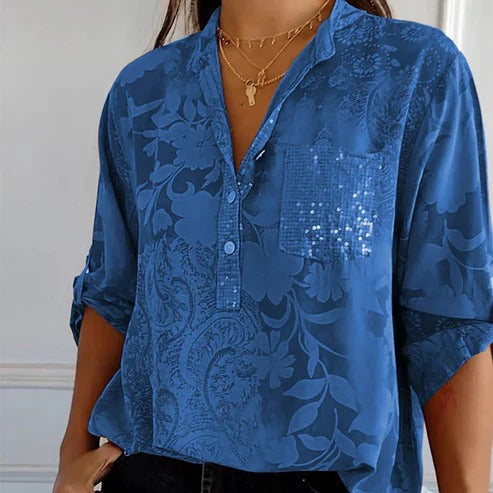 Sofistikeret Bluse med Blomsterprint og V-Hals