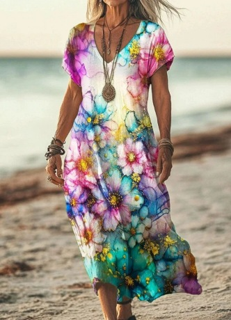 Damen Kurzarm Sommerkleid | Midi