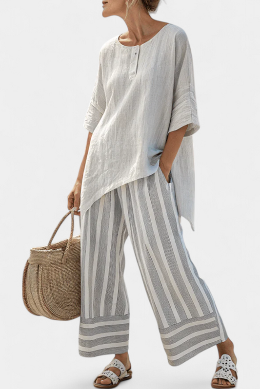 Elle – Elegant Asymmetric Blouse and Striped Trousers