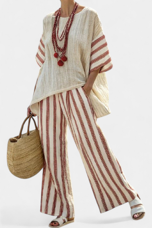 Helena | Elegant Rustic Striped Top & Cream Linen Pants
