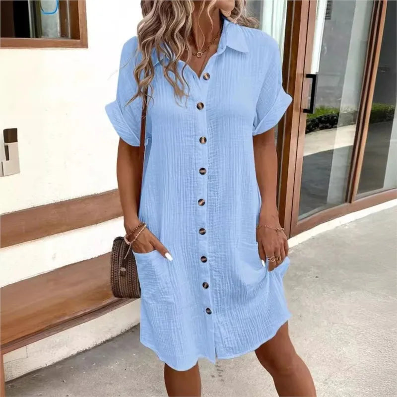 Luchtige Zomerjurk met Kraag en Zakken Dames Casual Chic