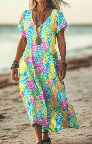 Damen Kurzarm Sommerkleid | Midi