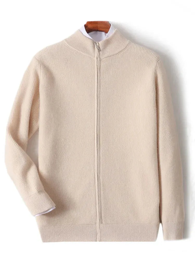 Ethan – Cardigan i merinould og cashmere med ståkrave og ribstrikket design