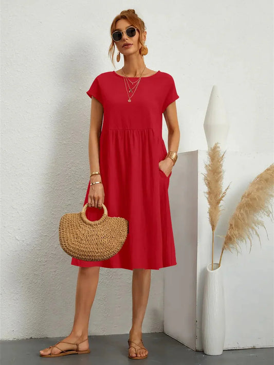 Damen Midi Kleid Smock Freizeit Sommer Regular Fit