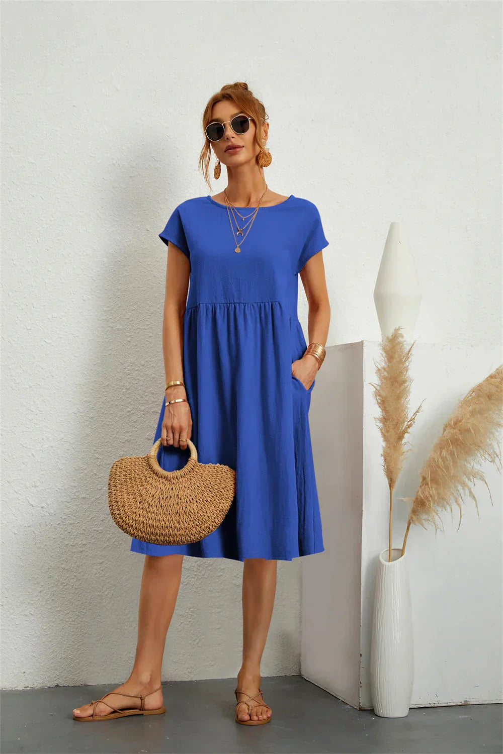 Damen Midi Kleid Smock Freizeit Sommer Regular Fit