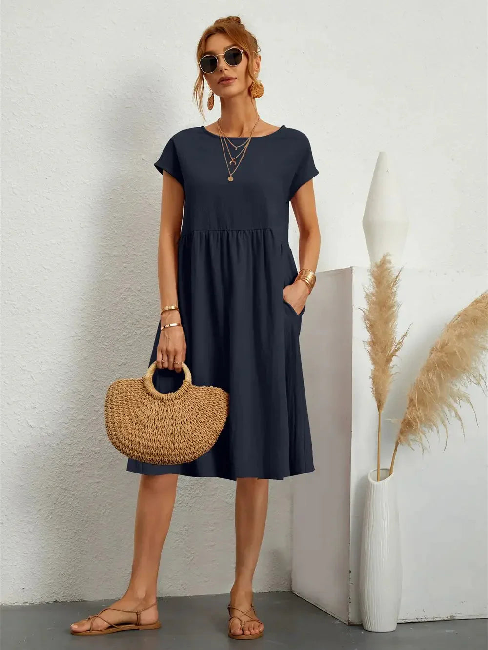 Damen Midi Kleid Smock Freizeit Sommer Regular Fit