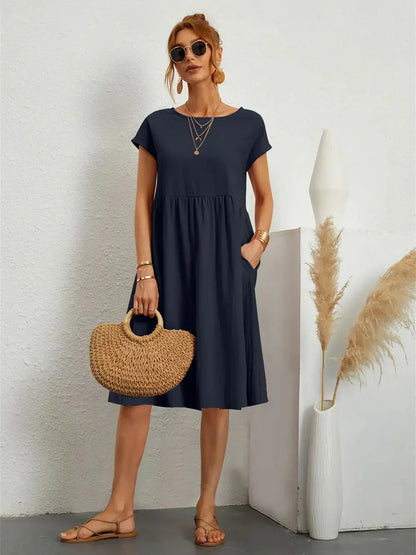 Damen Midi Kleid Smock Freizeit Sommer Regular Fit