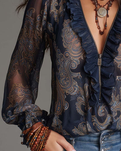 Duval Paris™ | Blouse raffinée à demi-zip et volants