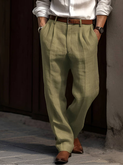Trousers Men’s Linen Blend Pleated Tailored Fit Spring
