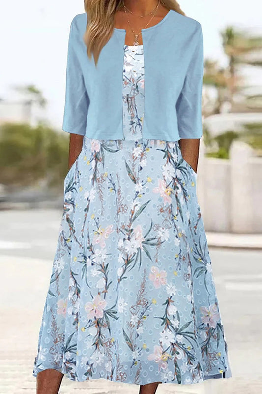 Damen Midi Kleid Set mit Cardigan Freizeit Blumendesign