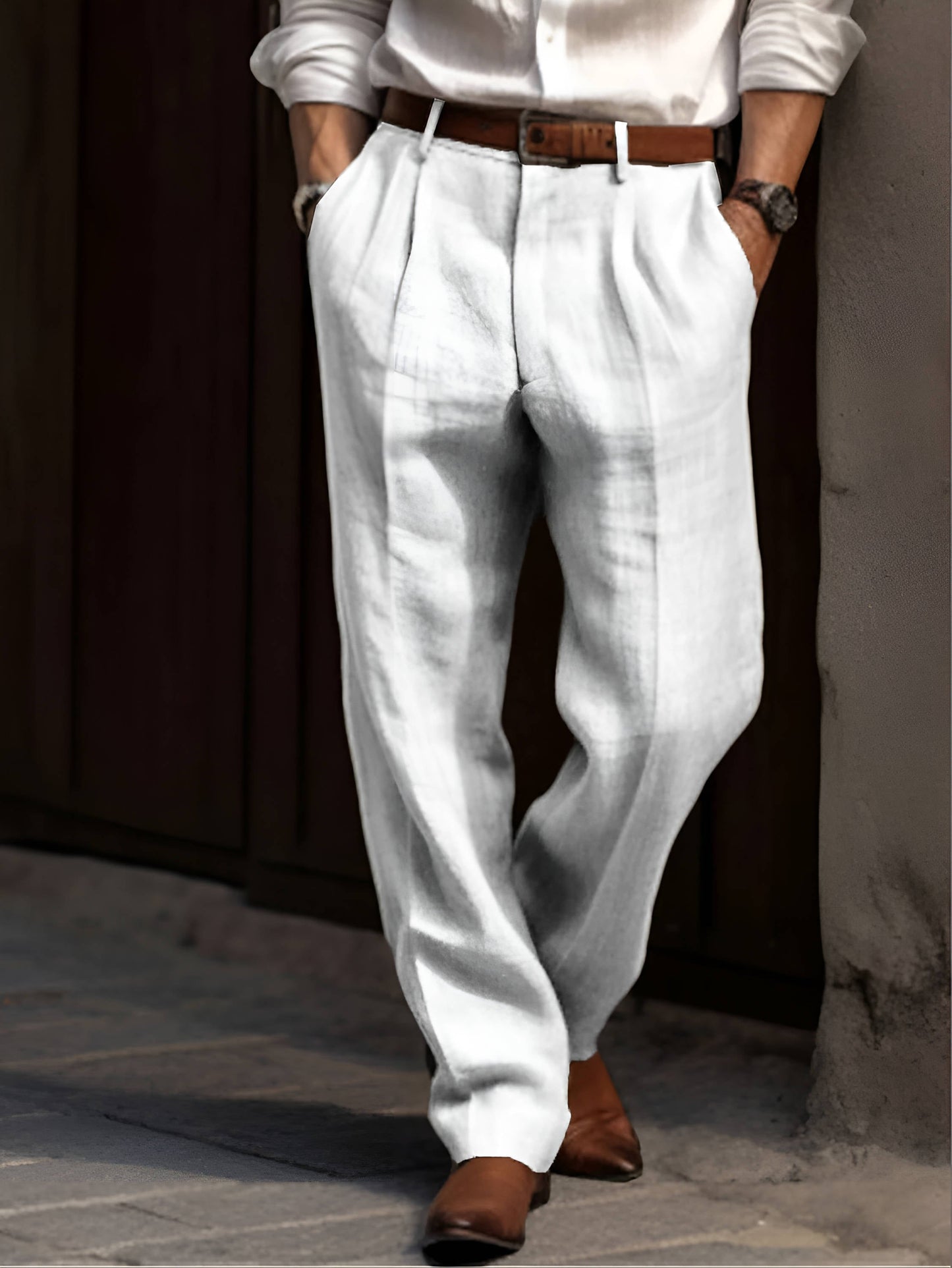 Trousers Men’s Linen Blend Pleated Tailored Fit Spring