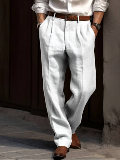Trousers Men’s Linen Blend Pleated Tailored Fit Spring