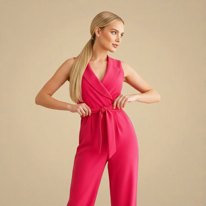 Women's casual v-neck wide leg jumpsuit with waist strap
