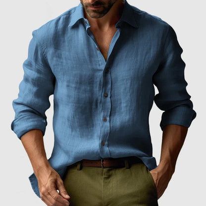 Men's Linen Long Sleeve Casual Shirt Breathable Button Down Top
