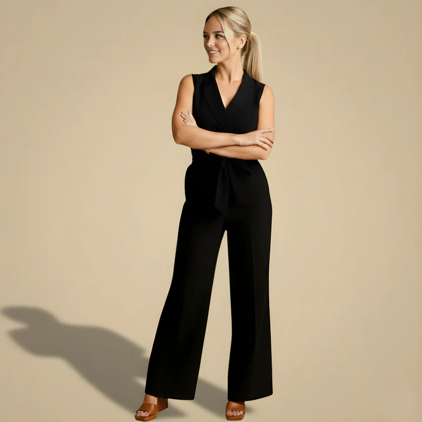 Women's casual v-neck wide leg jumpsuit with waist strap