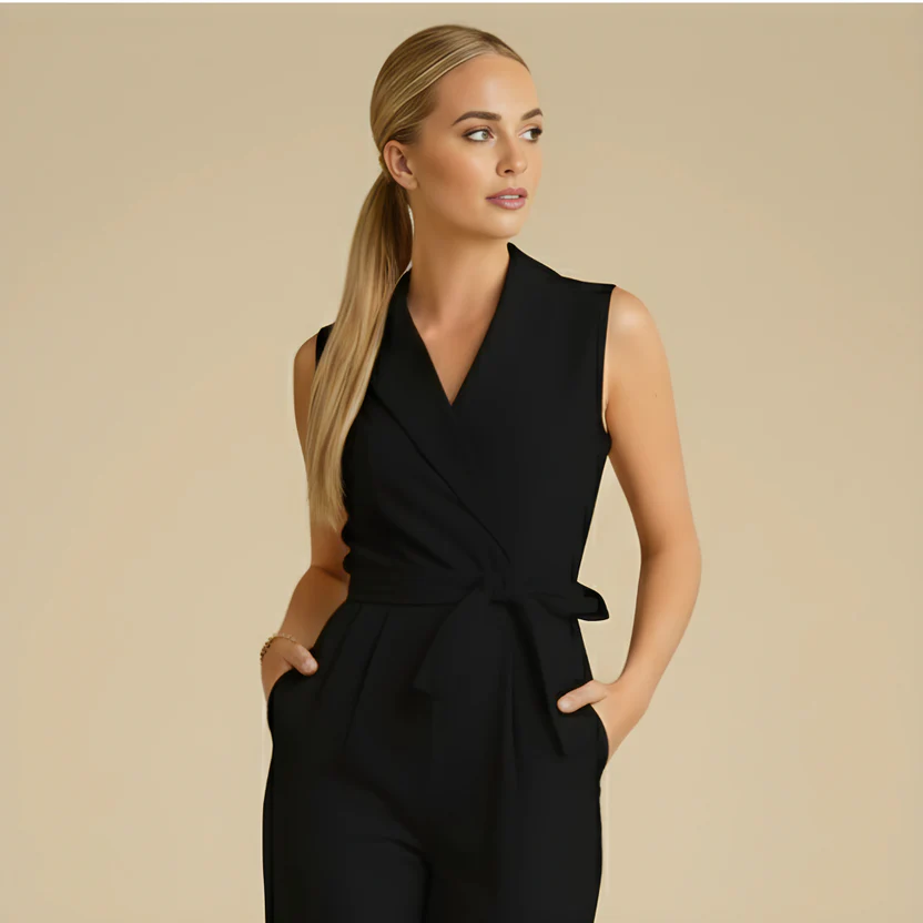 Women's casual v-neck wide leg jumpsuit with waist strap