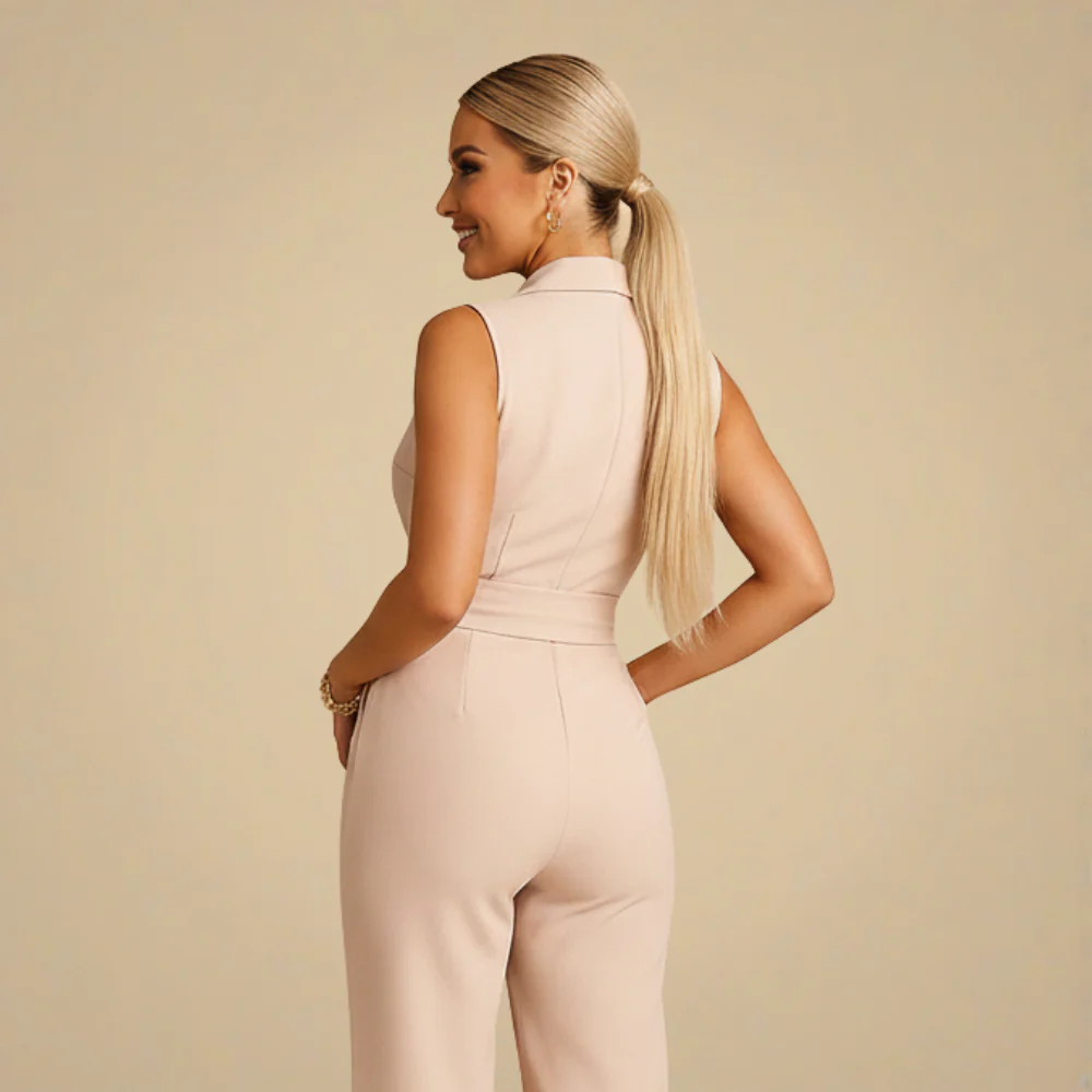 Women's casual v-neck wide leg jumpsuit with waist strap