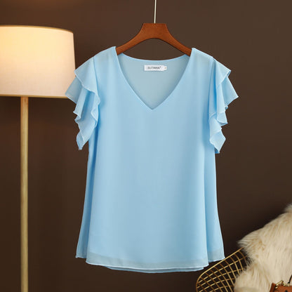 Camicetta leggera in chiffon di seta da donna con maniche a volant e scollo a V