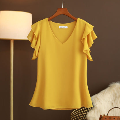 Camicetta leggera in chiffon di seta da donna con maniche a volant e scollo a V