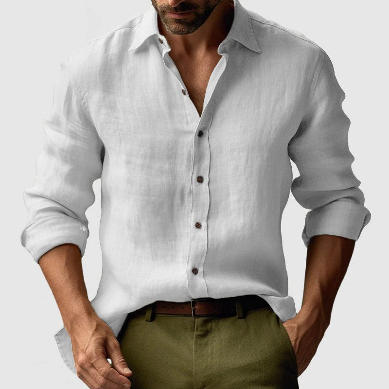 Men's Linen Long Sleeve Casual Shirt Breathable Button Down Top