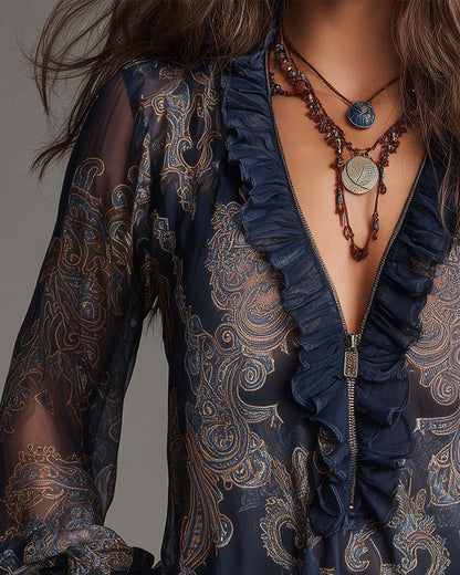 Duval Paris™ | Blouse raffinée à demi-zip et volants