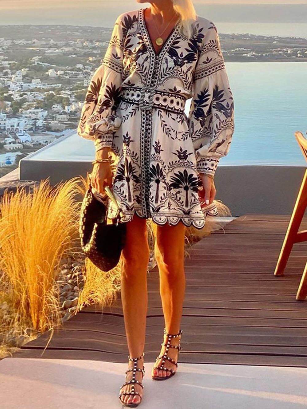 Women’s Printed Beach Mini Dress | Long Sleeve & V-Neck | Holiday & Party Wear