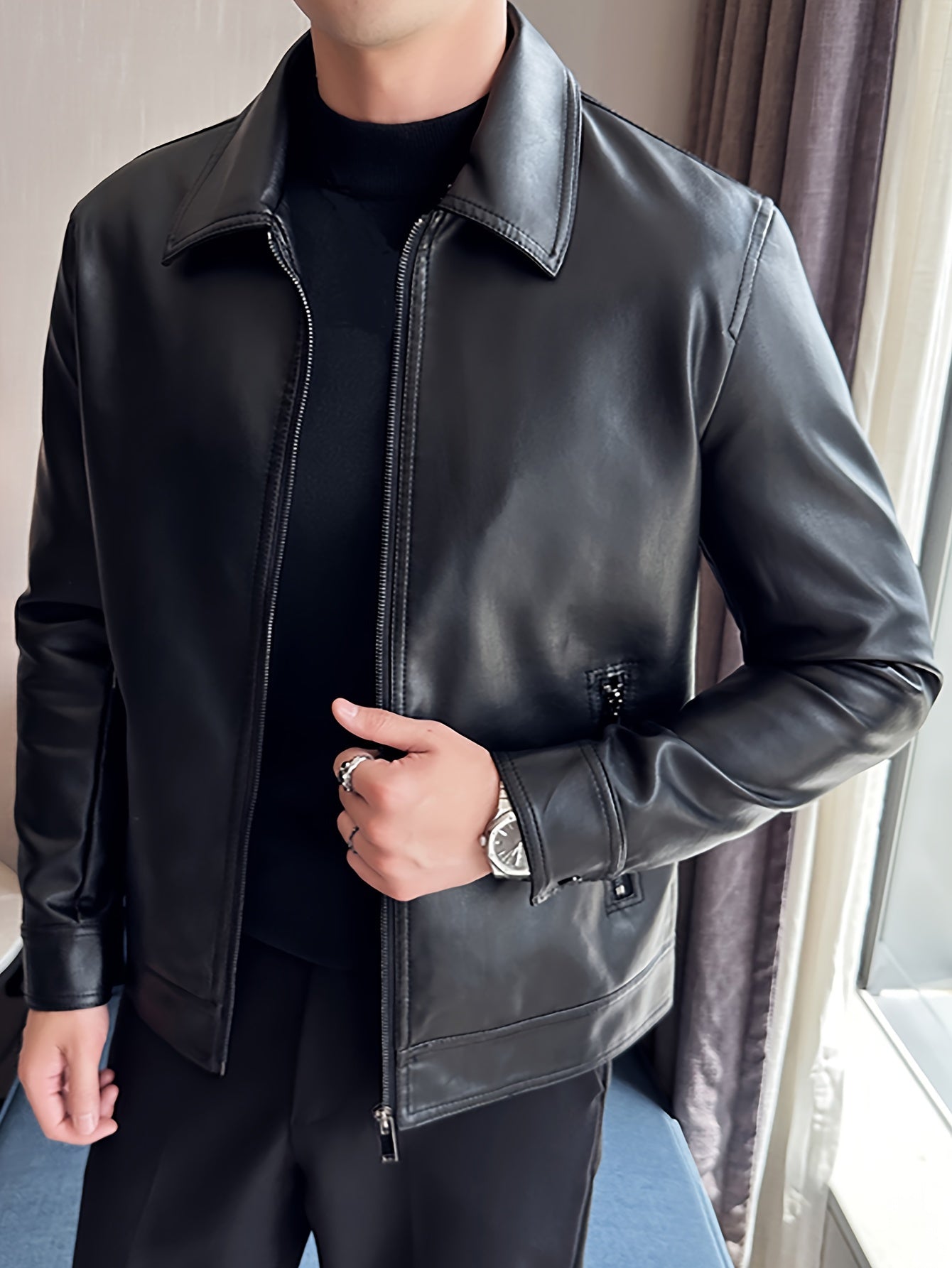 Product title: Faux leather bomber jacket for men spring casual zip up coat