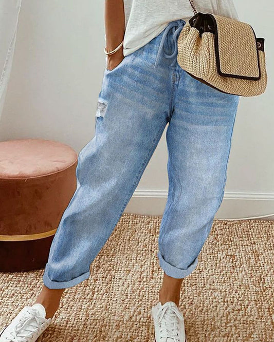Damen Jeans Regular Fit Lässig mit Taschen und Kordelzug