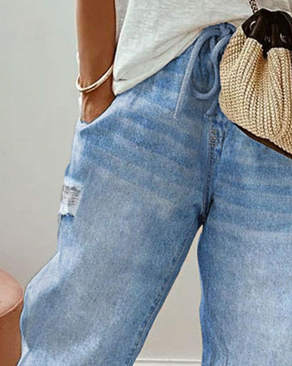 Damen Jeans Regular Fit Lässig mit Taschen und Kordelzug