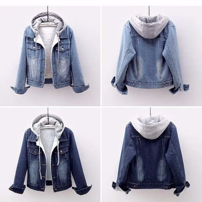 Damen Jeansjacke mit Kapuze, blau, lässig, modisch, Herbstmode, Denim, Streetwear.