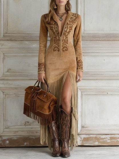 Women Suede Fringe Summer Maxi Dress