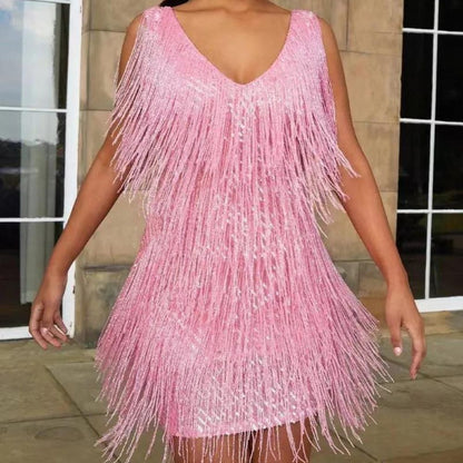 Party Mini Dress | Fringe Detail with V Neck