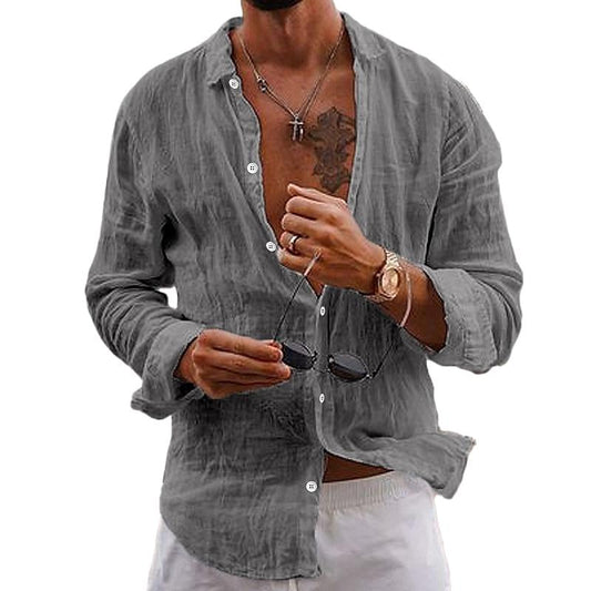 Daryon | Herenkatoenen linnen shirt met lange mouwen – casual effen kleur met knopen, ademend