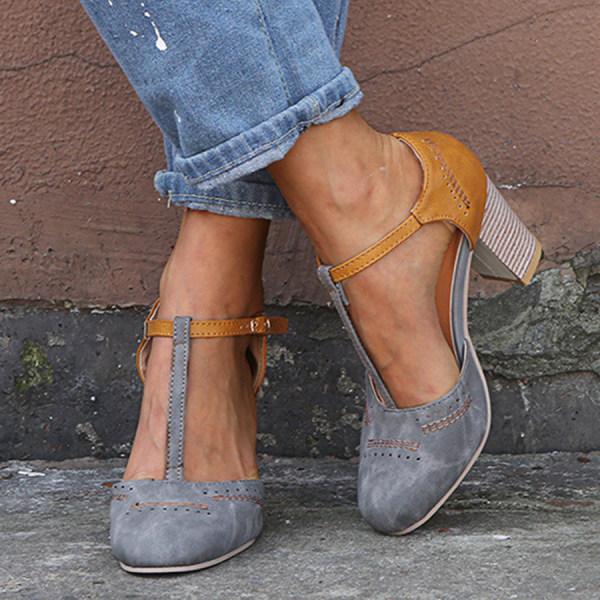 Women's Leather Orthopedic Block Heel T-Strap Pumps