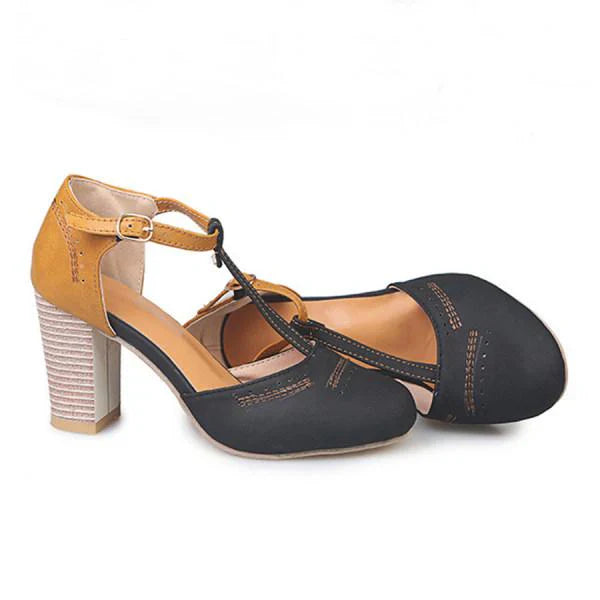 Women's Leather Orthopedic Block Heel T-Strap Pumps