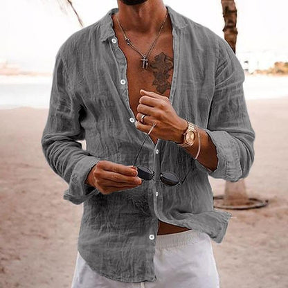 Daryon | Herenkatoenen linnen shirt met lange mouwen – casual effen kleur met knopen, ademend