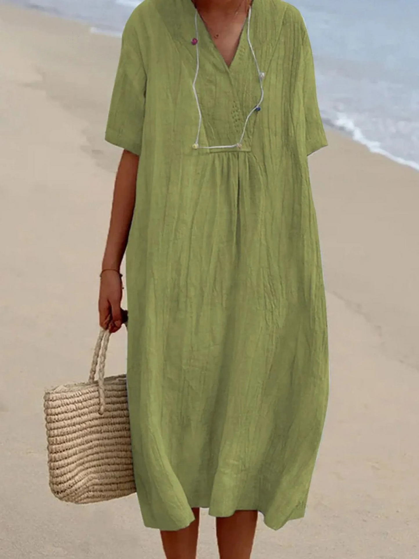 Linen Kaftan Dress Women's Relaxed Fit Beach Midi Dress
