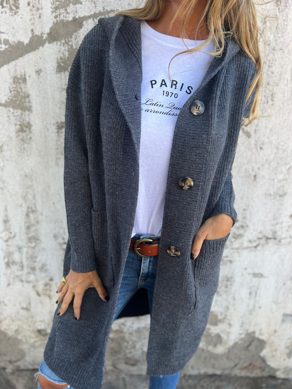 Mirela – Damen Langer Cardigan Mit Knöpfen Und Kapuze