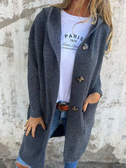 Mirela – Damen Langer Cardigan Mit Knöpfen Und Kapuze