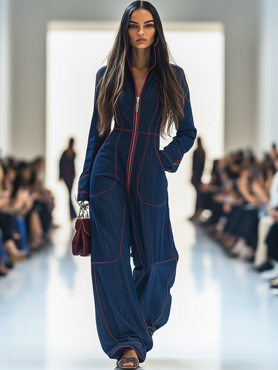 Solenne – Retro-Denim Jumpsuit in Rot mit Kontrastnähten