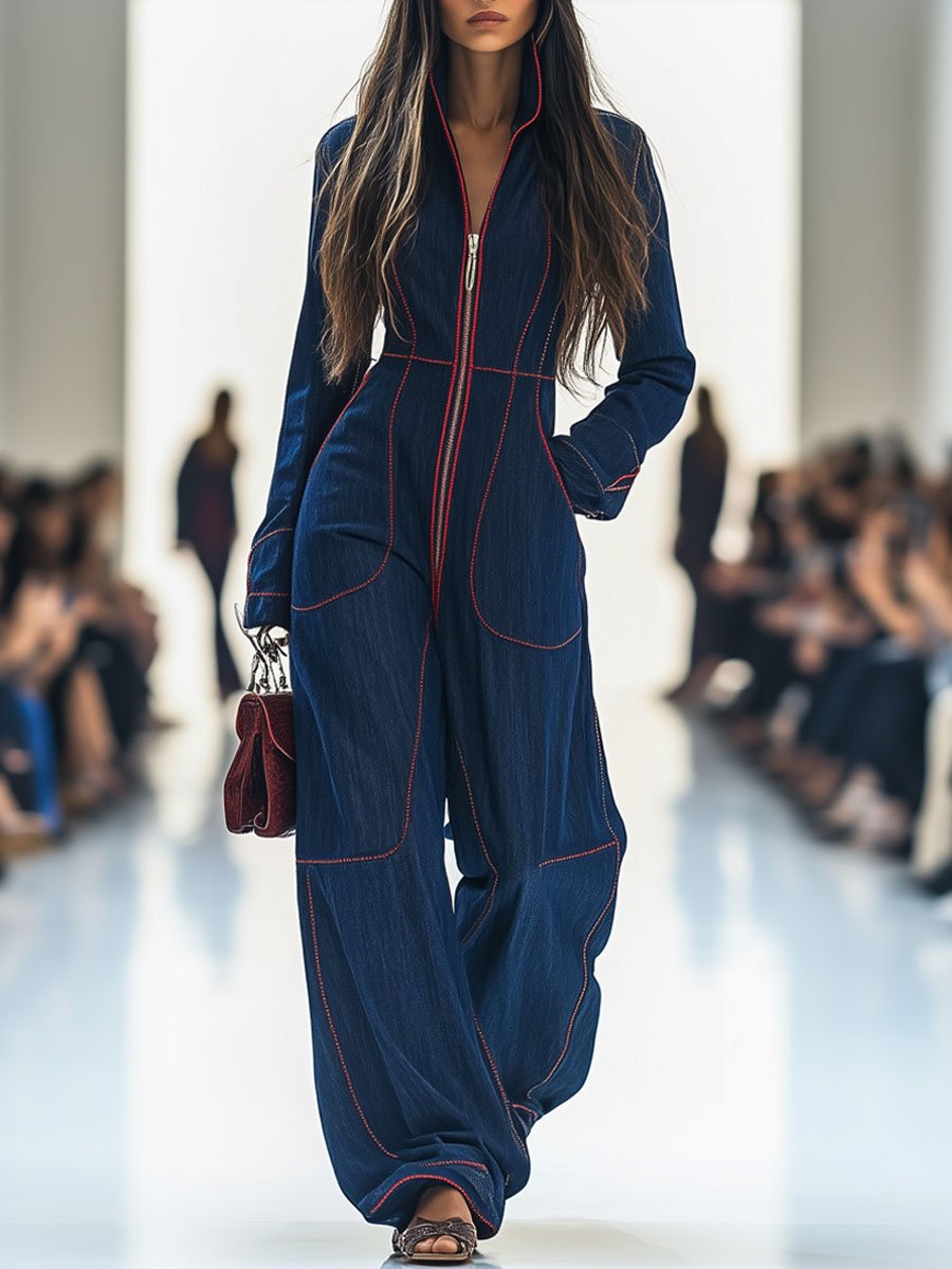 Solenne – Retro-Denim Jumpsuit in Rot mit Kontrastnähten
