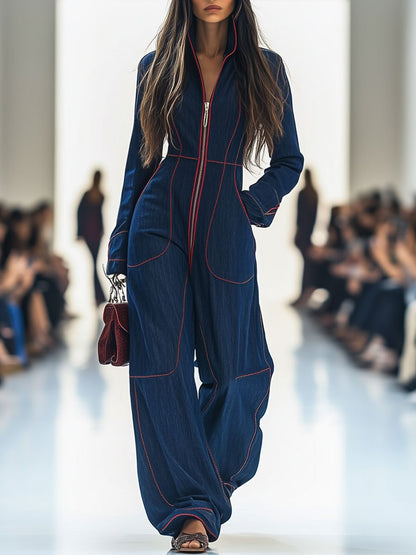 Solenne – Retro-Denim Jumpsuit in Rot mit Kontrastnähten