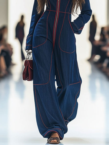Solenne – Retro-Denim Jumpsuit in Rot mit Kontrastnähten
