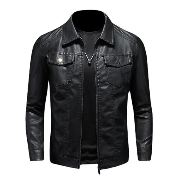 Veste en cuir noir pour homme, style motard, avec fermeture éclair, poches à rabat, col classique. Mode masculine, tendance automne-hiver.