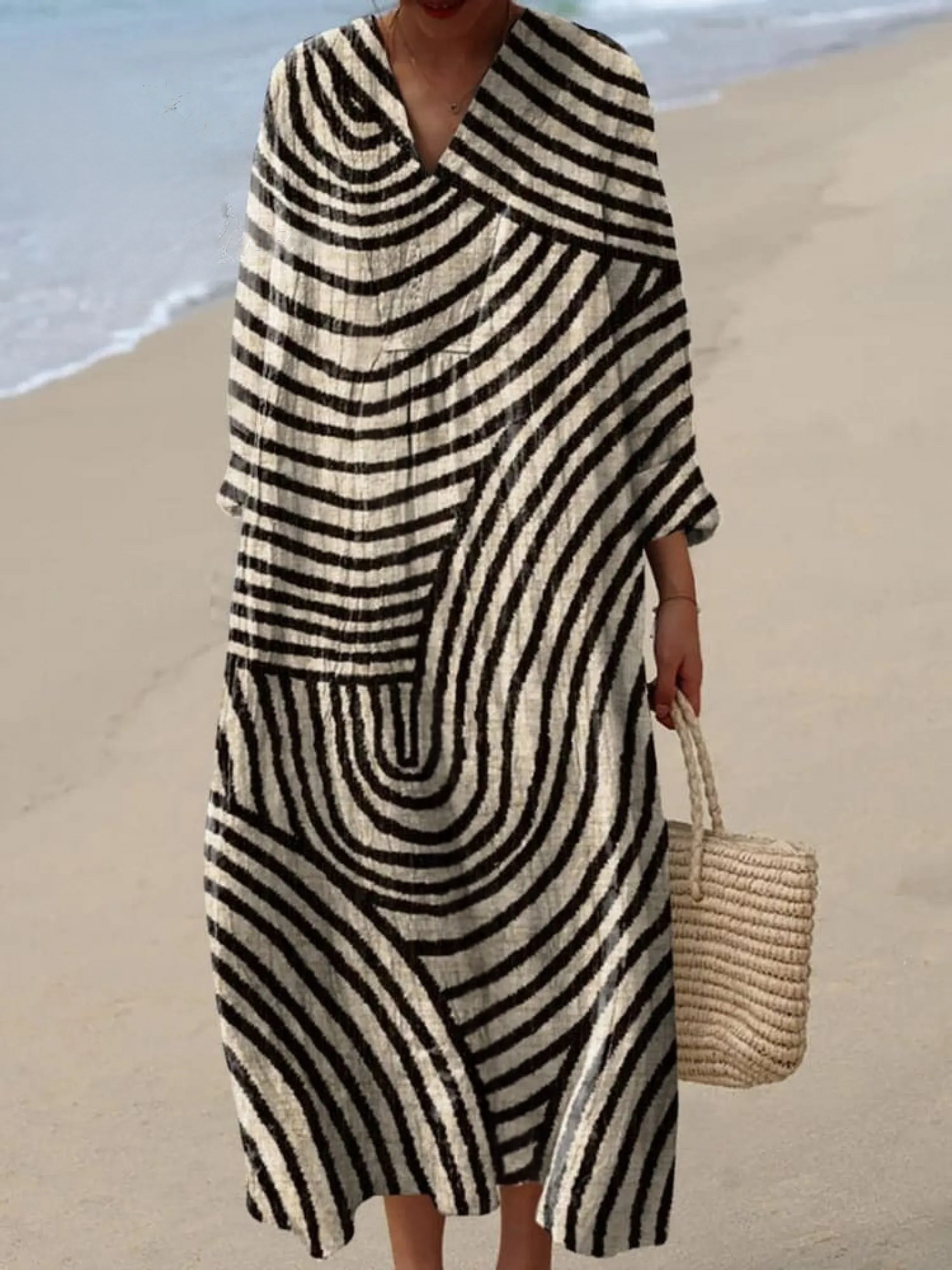 Women's Linen Blend V-Neck Kaftan Maxi Dress