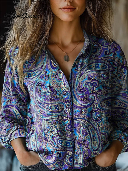 Cynthia | Women's Folk Flower Paisley Print Long Sleeve Comfortable Cotton Shirt