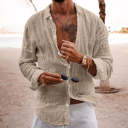 Daryon | Herenkatoenen linnen shirt met lange mouwen – casual effen kleur met knopen, ademend