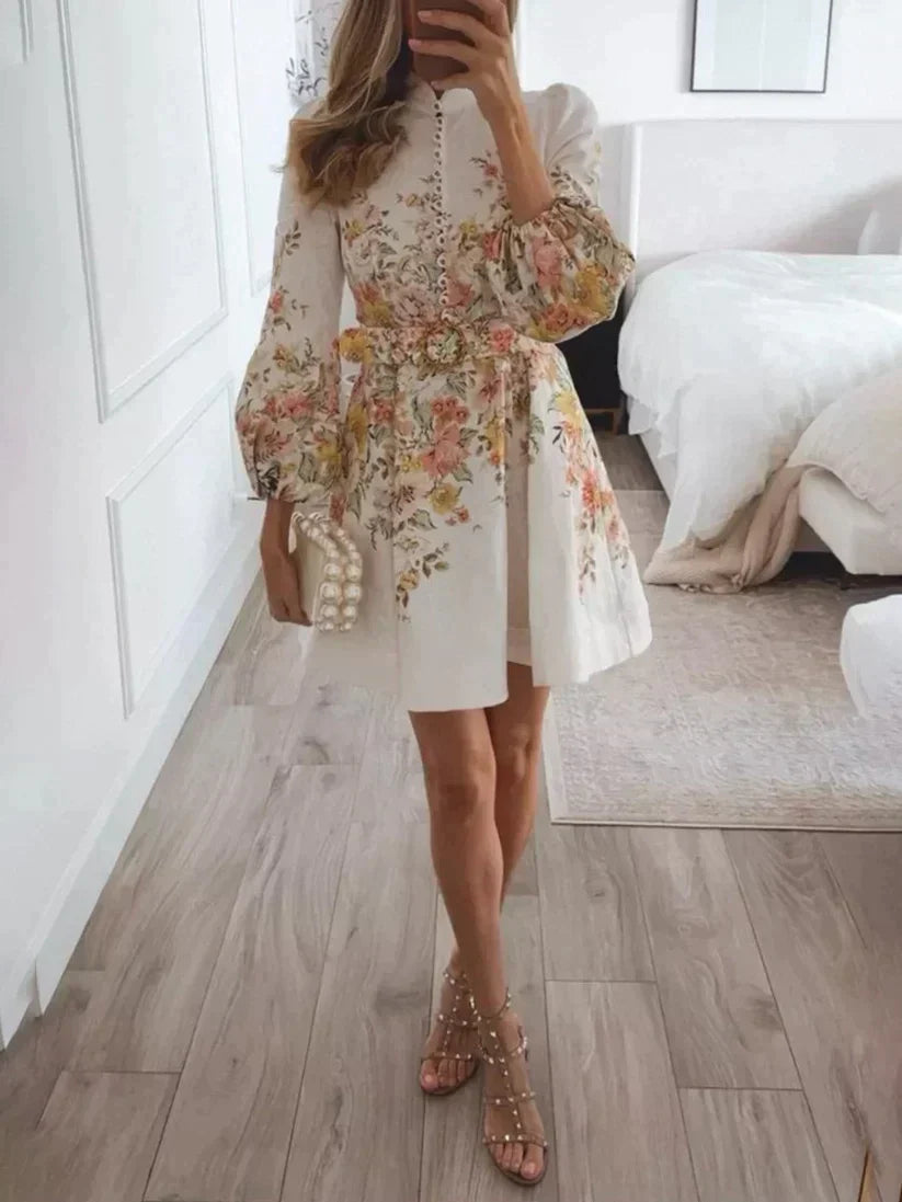 Robe Mini Imprimée Élégante pour Femmes – Robe Florale en Lin avec Ceinture et Boutons
