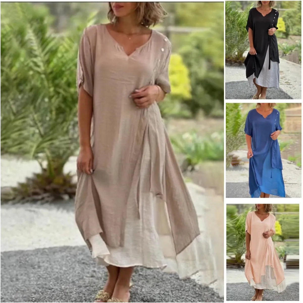 Women's Layered Midi Dress Short Sleeve V-Neck