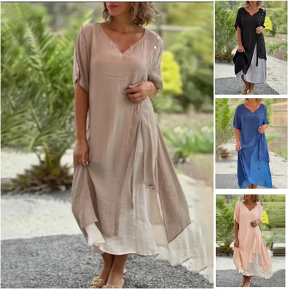 Women's Layered Midi Dress Short Sleeve V-Neck